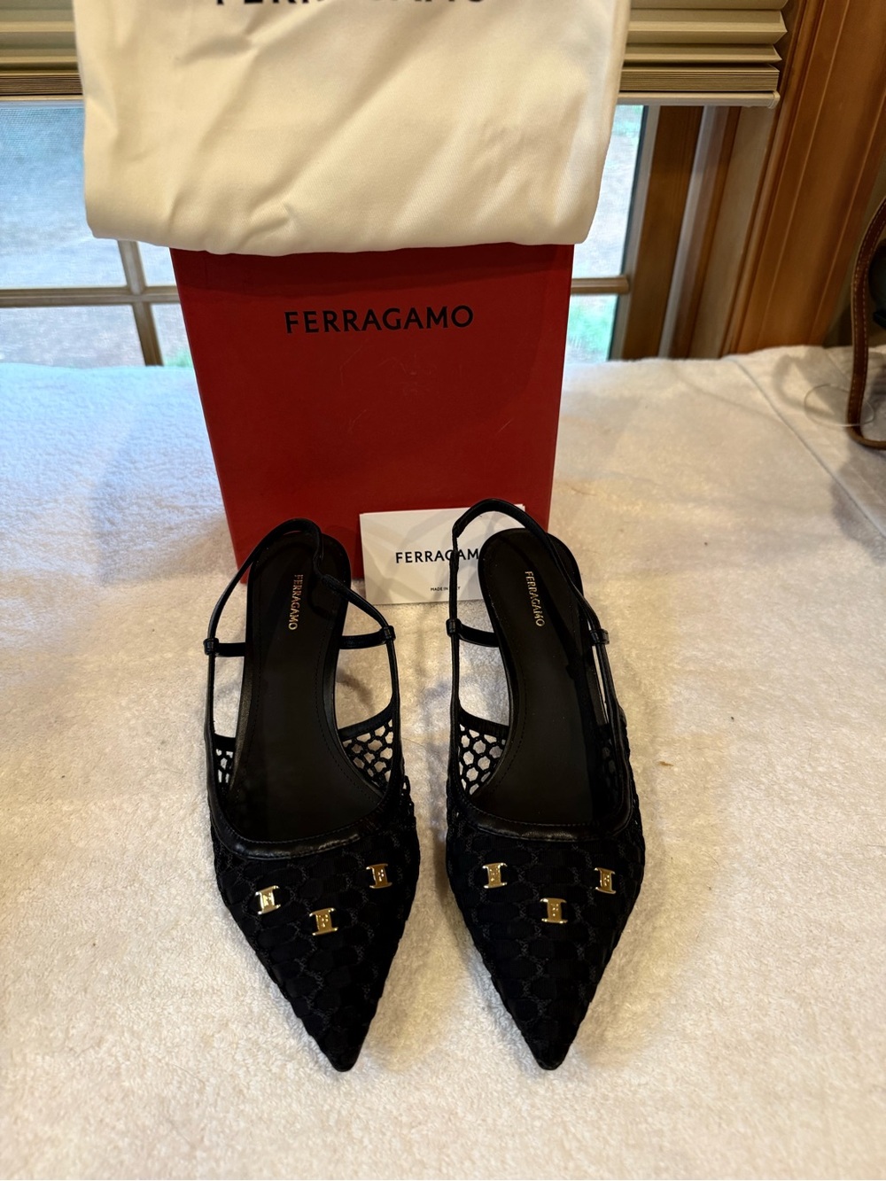Salvatore Ferragamo Black Lace Pointed Slingback Flats with Gold Accents